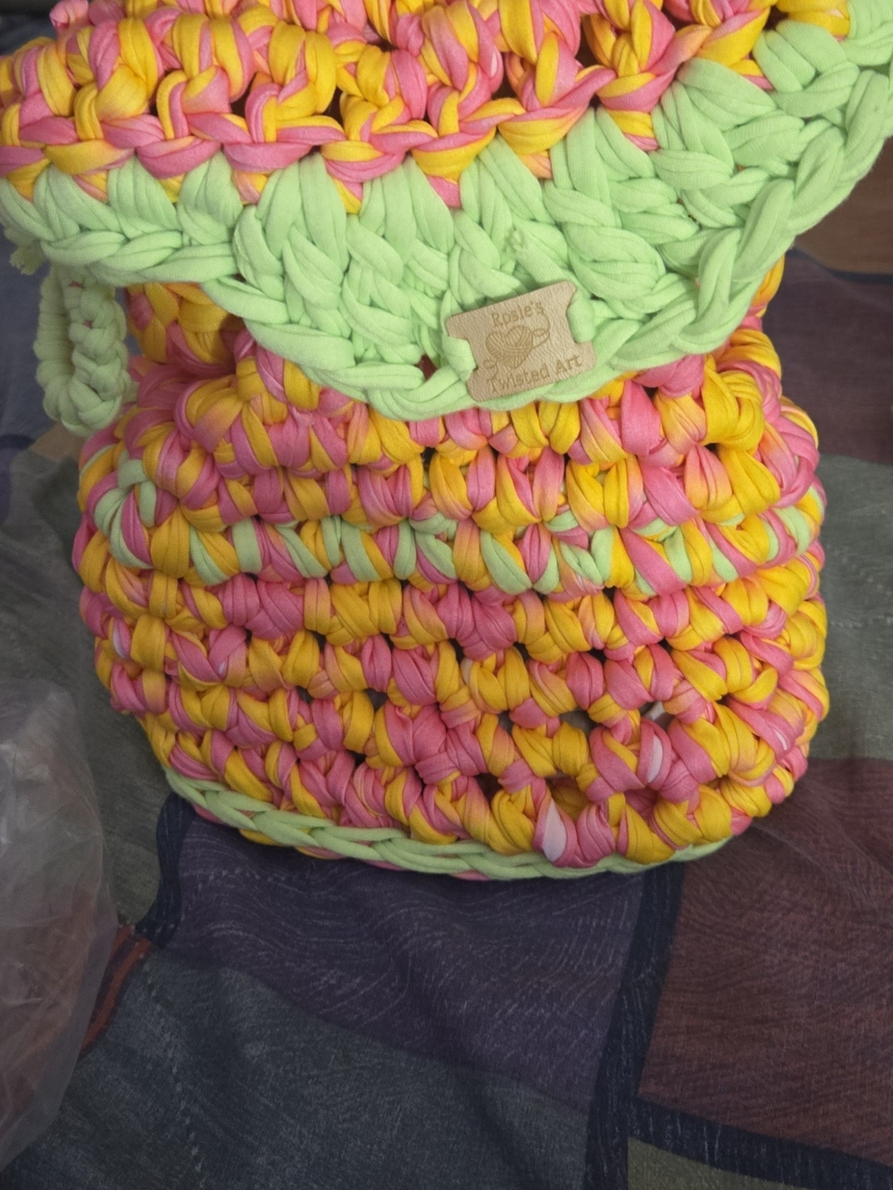 Handcrafted Crochet Backpack in Pink, Yellow & Light Green